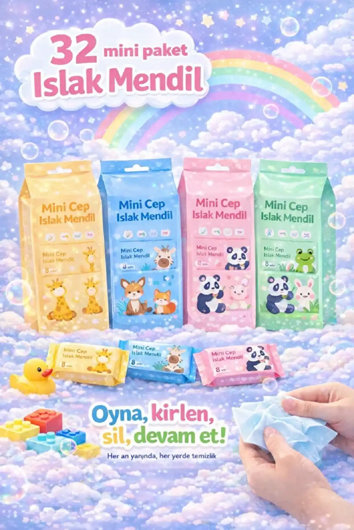 32 Adet Sevimli Figürlü Mini Islak Cep Mendili Panda Zebra Fil Zürafa Renkli Tasarım Cep Mendili