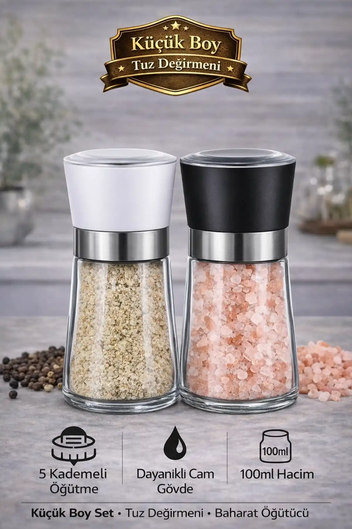 2li Küçük Boy Karabiber Tuz Değirmeni 5 Kademeli Baharat Öğütücü Siyah Beyaz Tuzluk Set