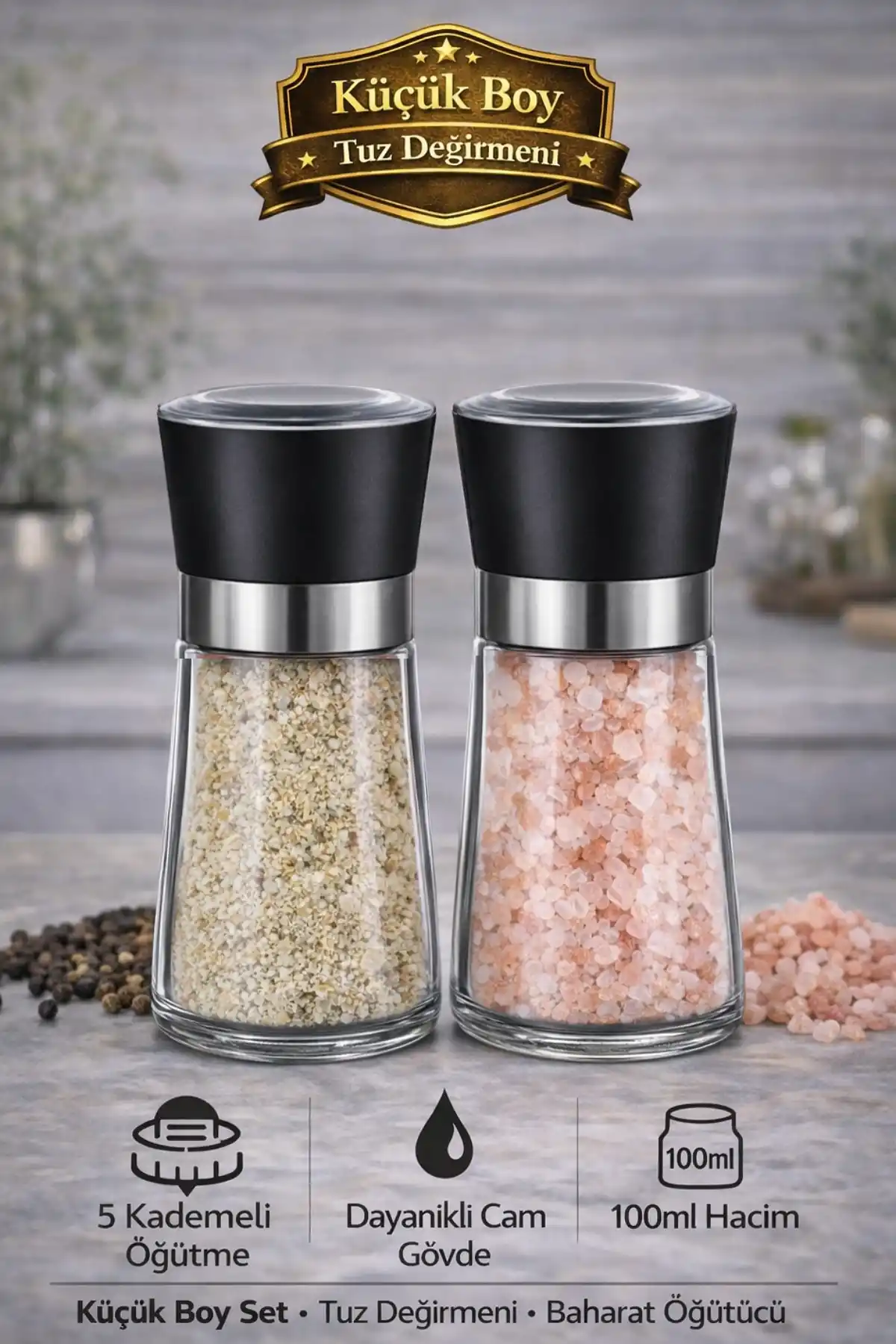 2li Küçük Boy Karabiber Tuz Değirmeni 5 Kademeli Baharat Öğütücü Renkli Çevirmeli Tuzluk Set