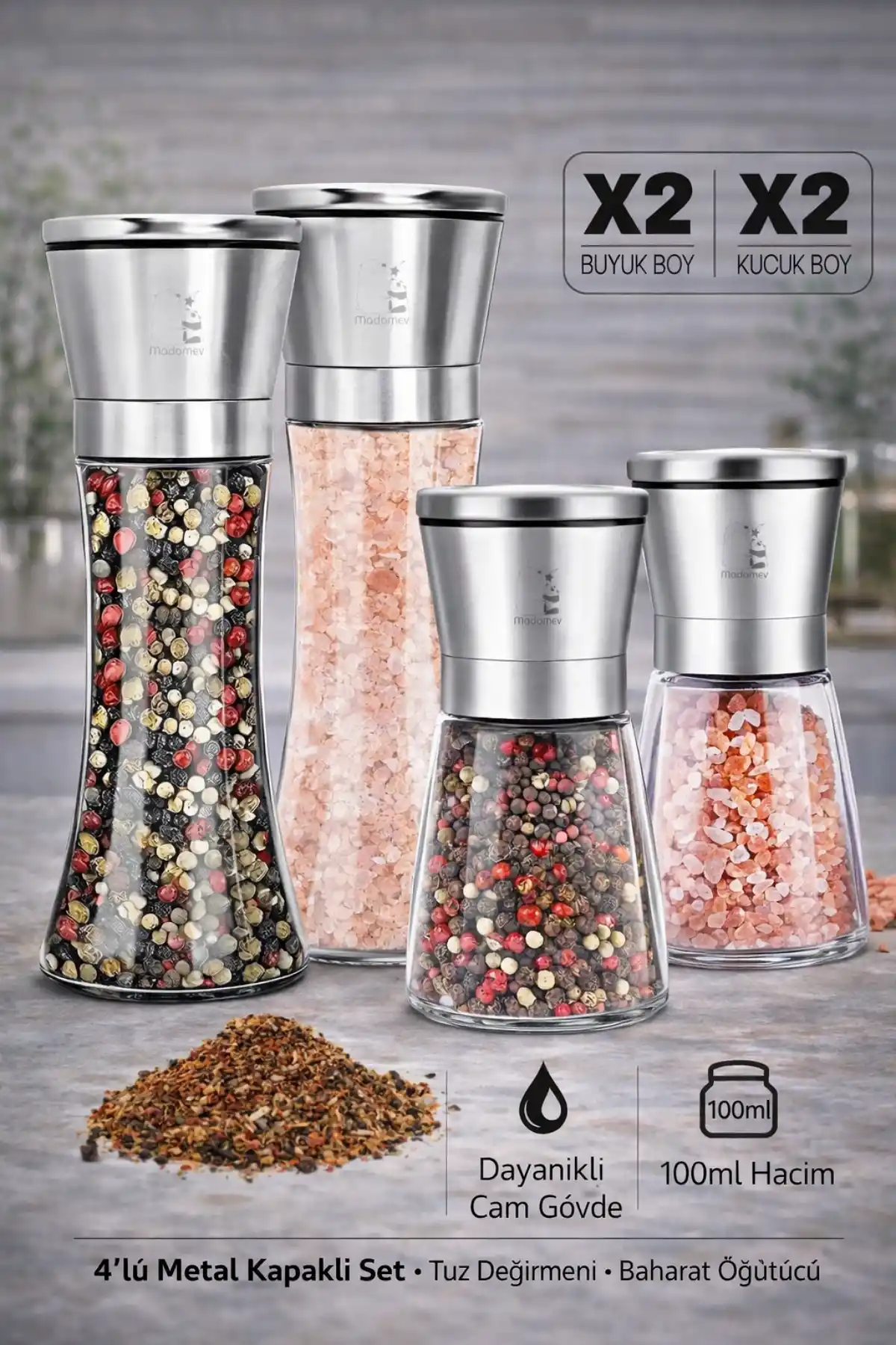 4lü Karabiber Tuz Değirmeni 5 Kademeli Baharat Öğütücü Büyük + Küçük Boy Metalik Tuzluk Seti