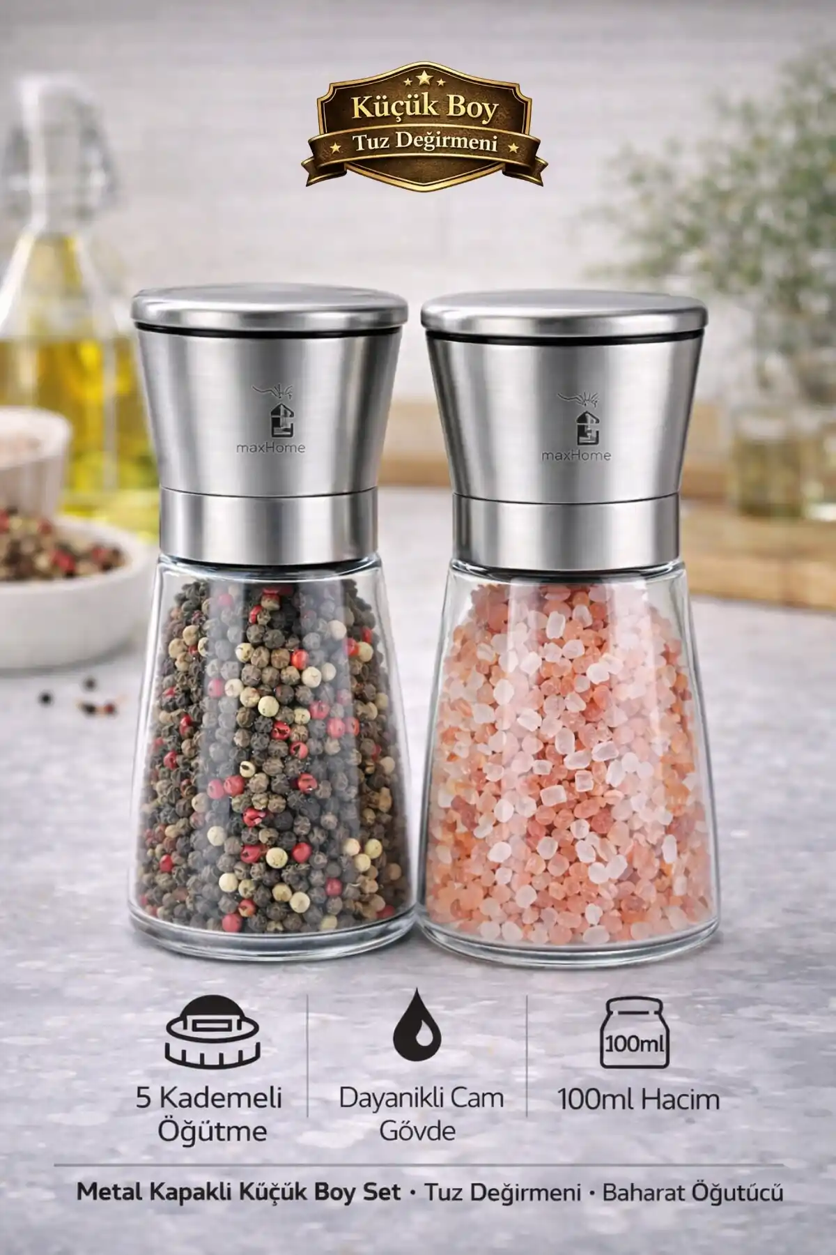 2li Karabiber Tuz Değirmeni 5 Kademeli Baharat Öğütücü Küçük Boy Metalik Tuzluk Seti