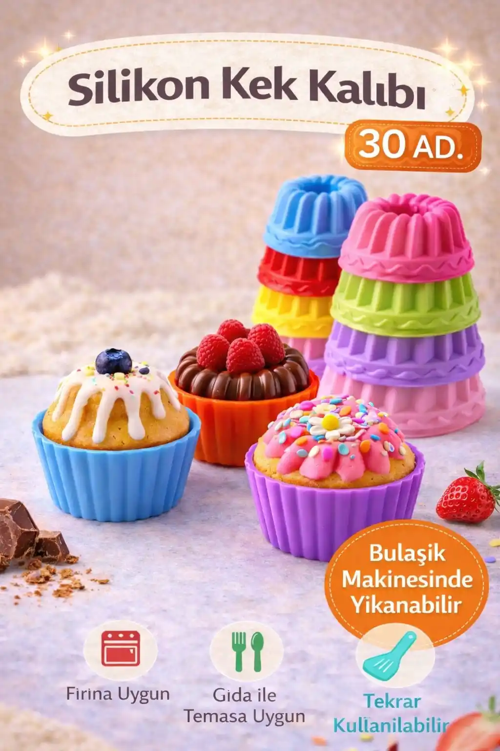 30 Adet Silikon Muffin Kek Kapsülü Yeniden Kullanılabilir Göbekli Cupcake Browni Kek Kalıbı Renkli