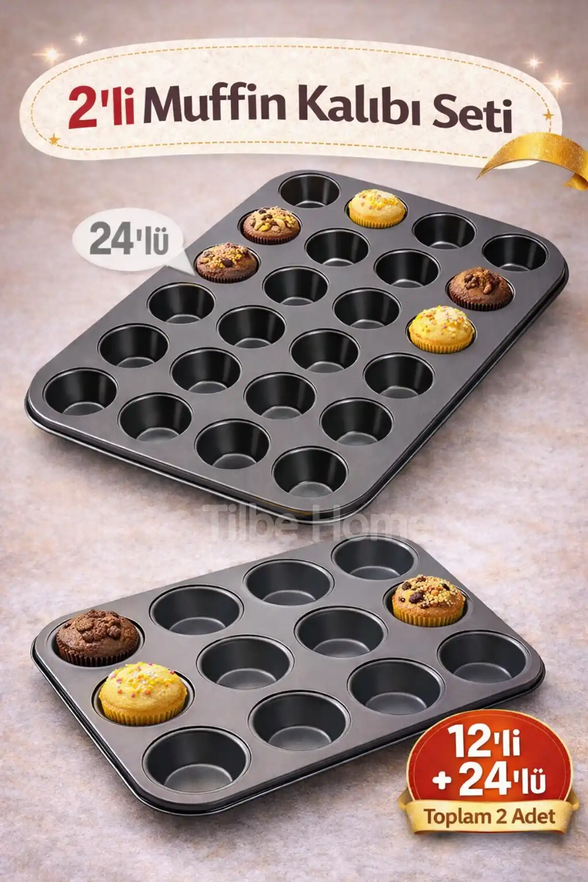 Muffin Kalıbı 24lü Mini + 12li Büyük Cupcake Kek Kapsülü Yanmaz Yapışmaz Baking Pan Fırın Kalıbı
