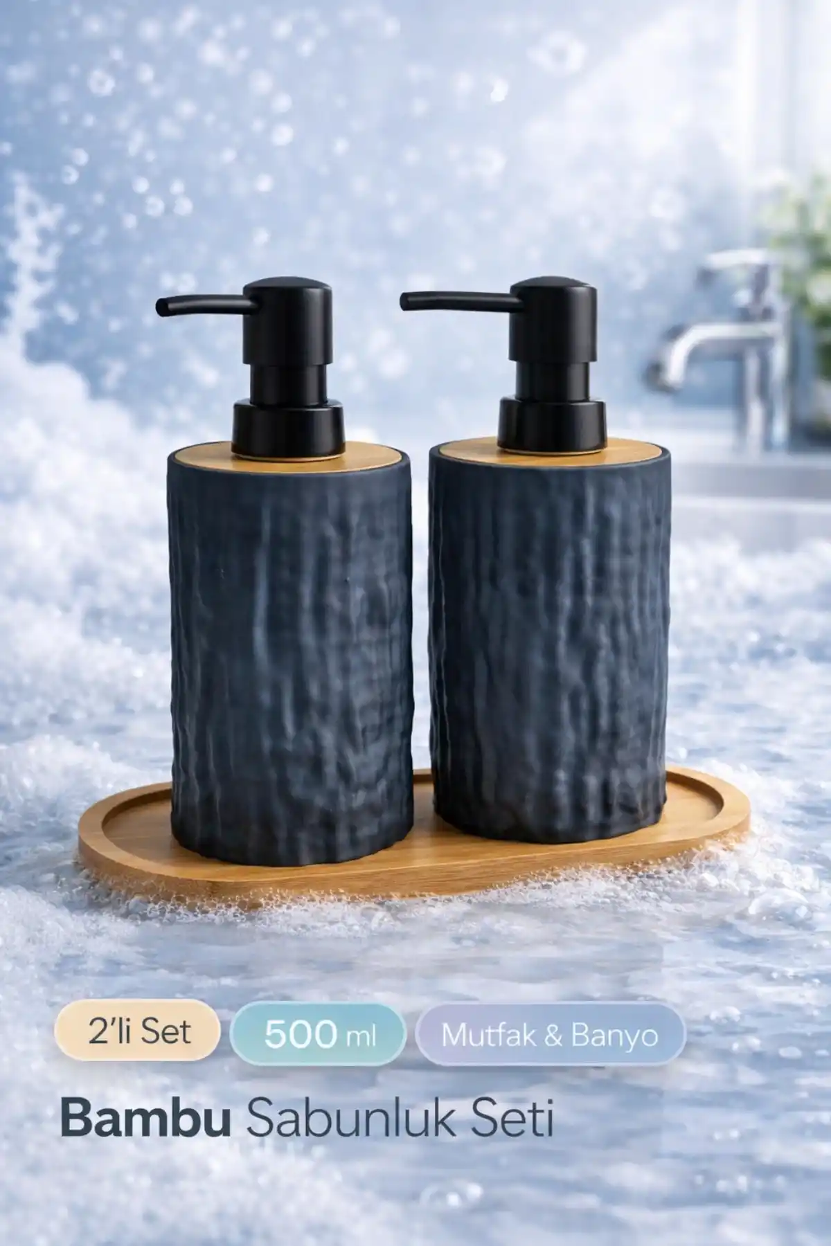 2li Bambu Detaylı Sıvı Sabunluk Seti 500ml Mutfak Banyo Taş Figürlü Hands Dishes Bambu Stantlı Set