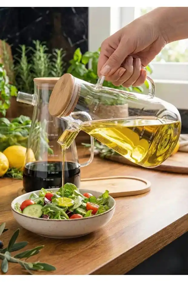 Bambu Kapaklı Vakumlu Borosilikat 3lü Set Cam Yağlık Sirkelik Stantlı Ayçiçek Zeytinyağı Şişesi
