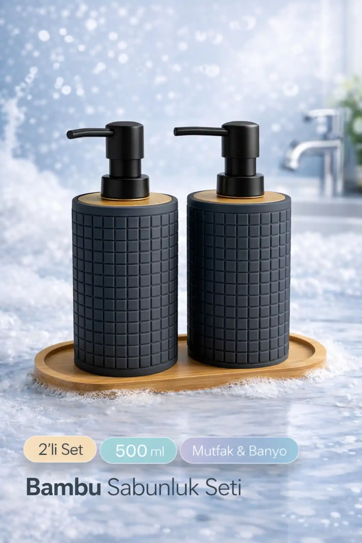 2li Retro Still Sıvı Sabunluk Seti 500ml Mutfak Banyo Kare Figürlü Hands Dishes Bambu Stantlı Set