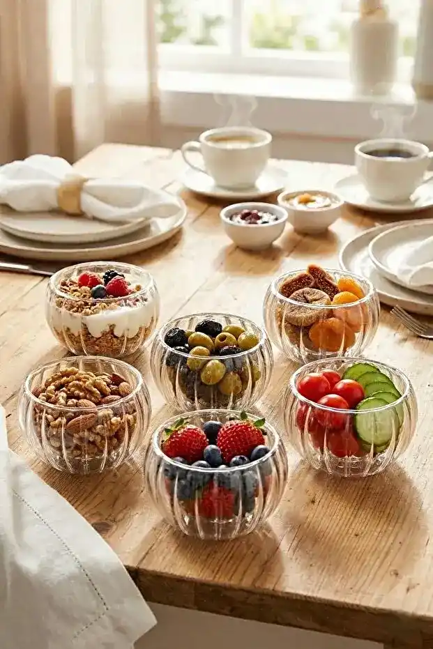 6lı Desenli Çift Çidarlı Mini Sosluk Drajelik Lokumluk Kase Şekerlik Çerezlik Reçellik Cam Kase Set