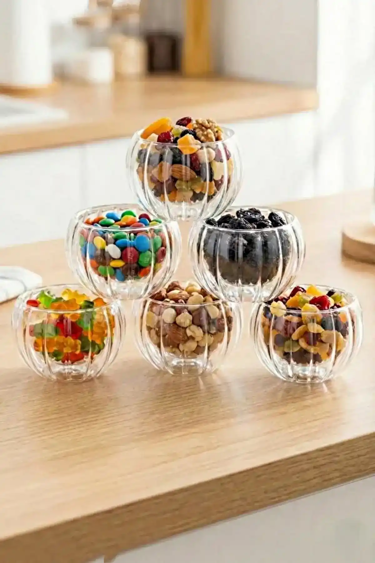 6lı Desenli Çift Çidarlı Mini Sosluk Drajelik Lokumluk Kase Şekerlik Çerezlik Reçellik Cam Kase Set