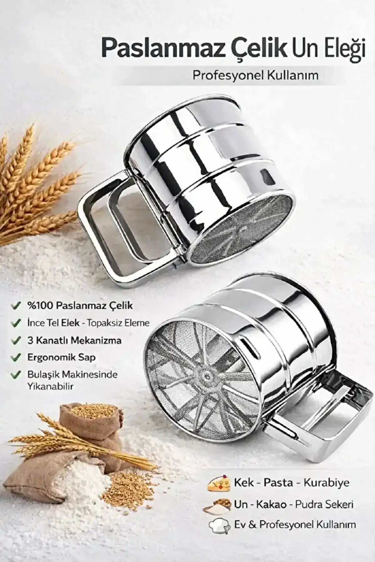 Paslanmaz Çelik Un Eleği Pratik Basmalı Kakao Pudra Eleği Çok Amaçlı Elek 250 Gr.