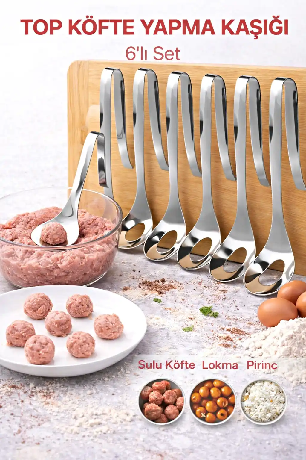 6lı Lokma Kaşığı Paslanmaz Çelik Köfte Kaşığı Sulu Köfte Lokma Pirinç Top Köfte Yapma Kaşık