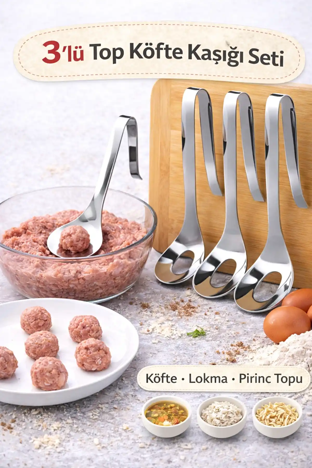 3lü Lokma Kaşığı Paslanmaz Çelik Köfte Kaşığı Sulu Köfte Lokma Pirinç Top Köfte Yapma Kaşık