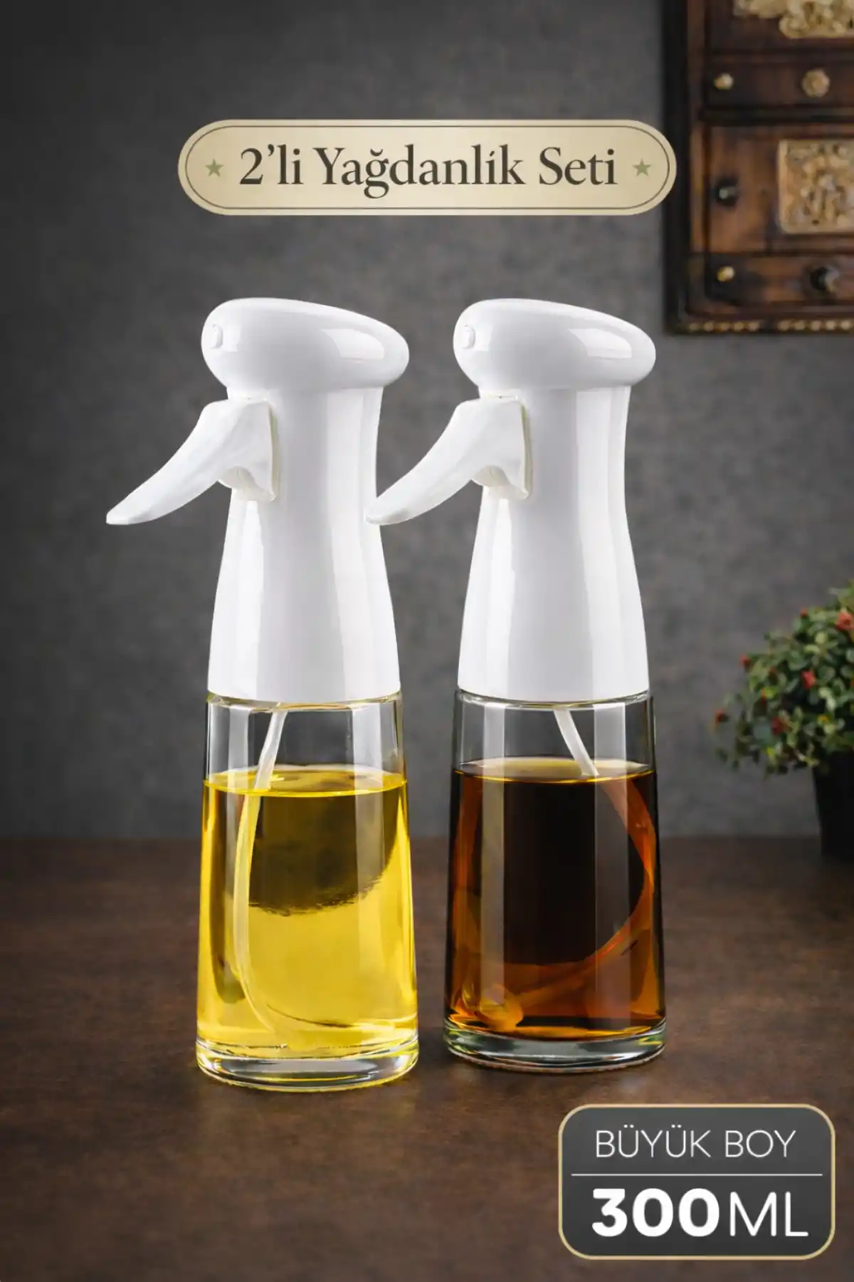 Büyük Boy Sprey Yağdanlık Airfryer Püskürtmeli Cam Şişe Ayçiçek Zeytinyağı 300ml Beyaz