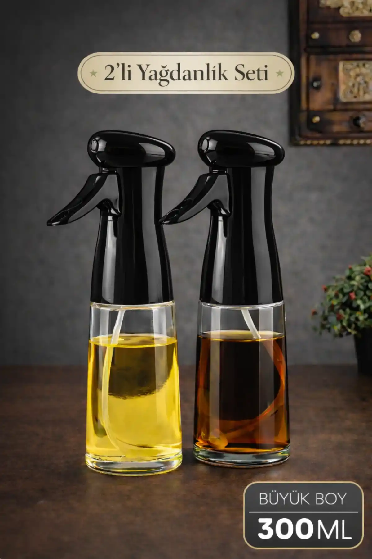 Büyük Boy Sprey Yağdanlık Airfryer Püskürtmeli Cam Şişe Ayçiçek Zeytinyağı 300ml Siyah