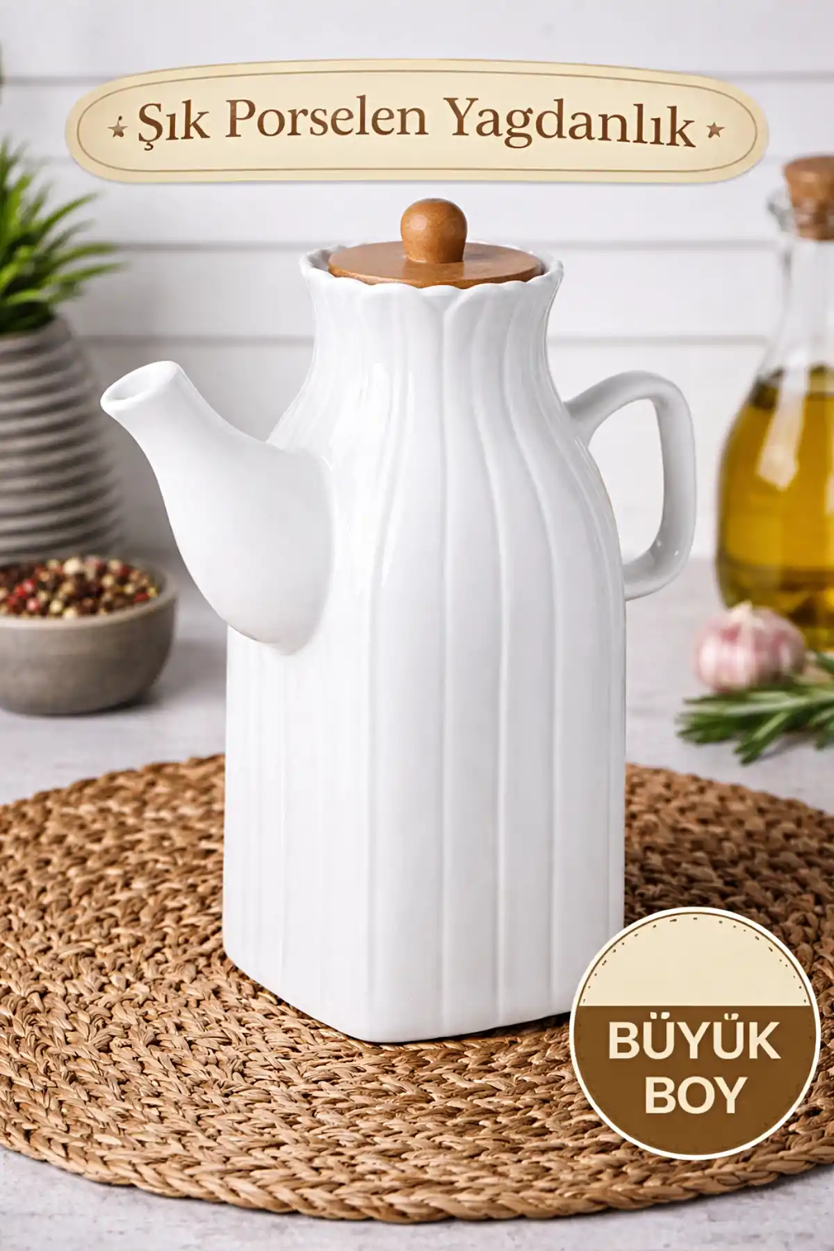 Porselen Yağdanlık Bambu Kapaklı Vakumlu Beyaz Zeytinyağı Ayçiçek Yağlık Sosluk Sirkelik 1000 ml.