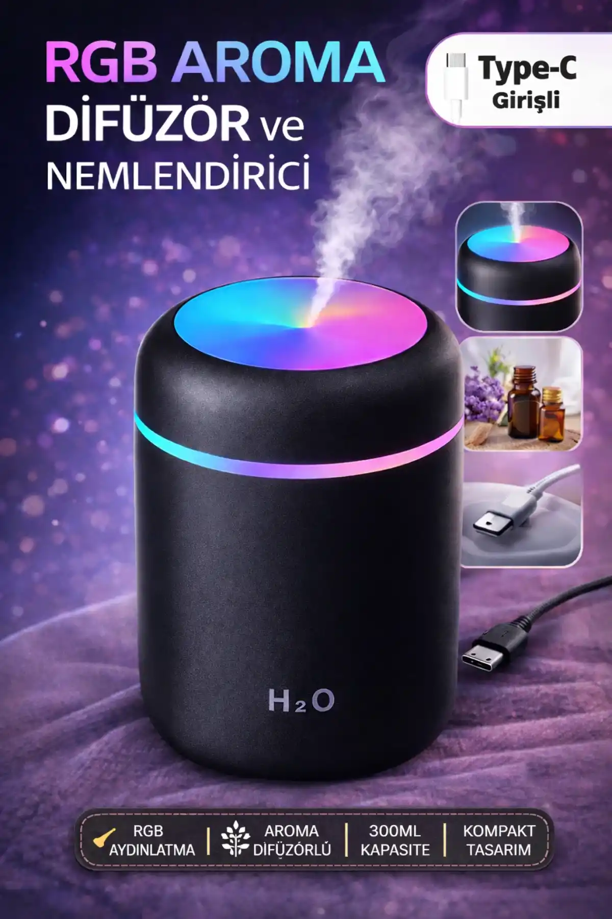 LED Işıklı USB Ultrasonik Hava Nemlendirici Buhar Makinesi ve Kokulu Aroma H2O Difüzör Cihazı 300ml