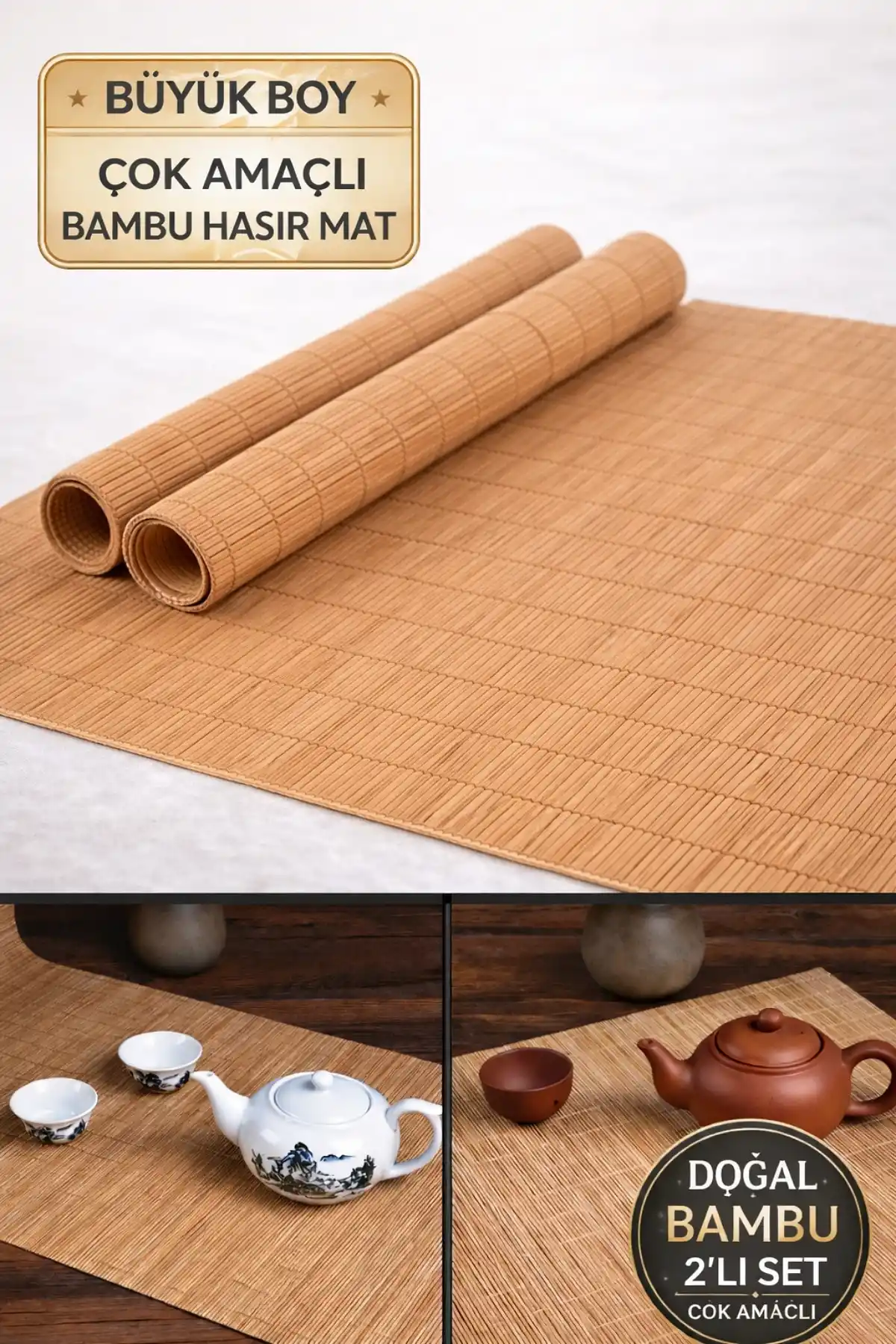 2li Naturel Bambu Hasır Banyo Matı Kaydırmaz Çamaşır Makine Örtüsü Mutfak Bulaşık Matı Su Geçirmez