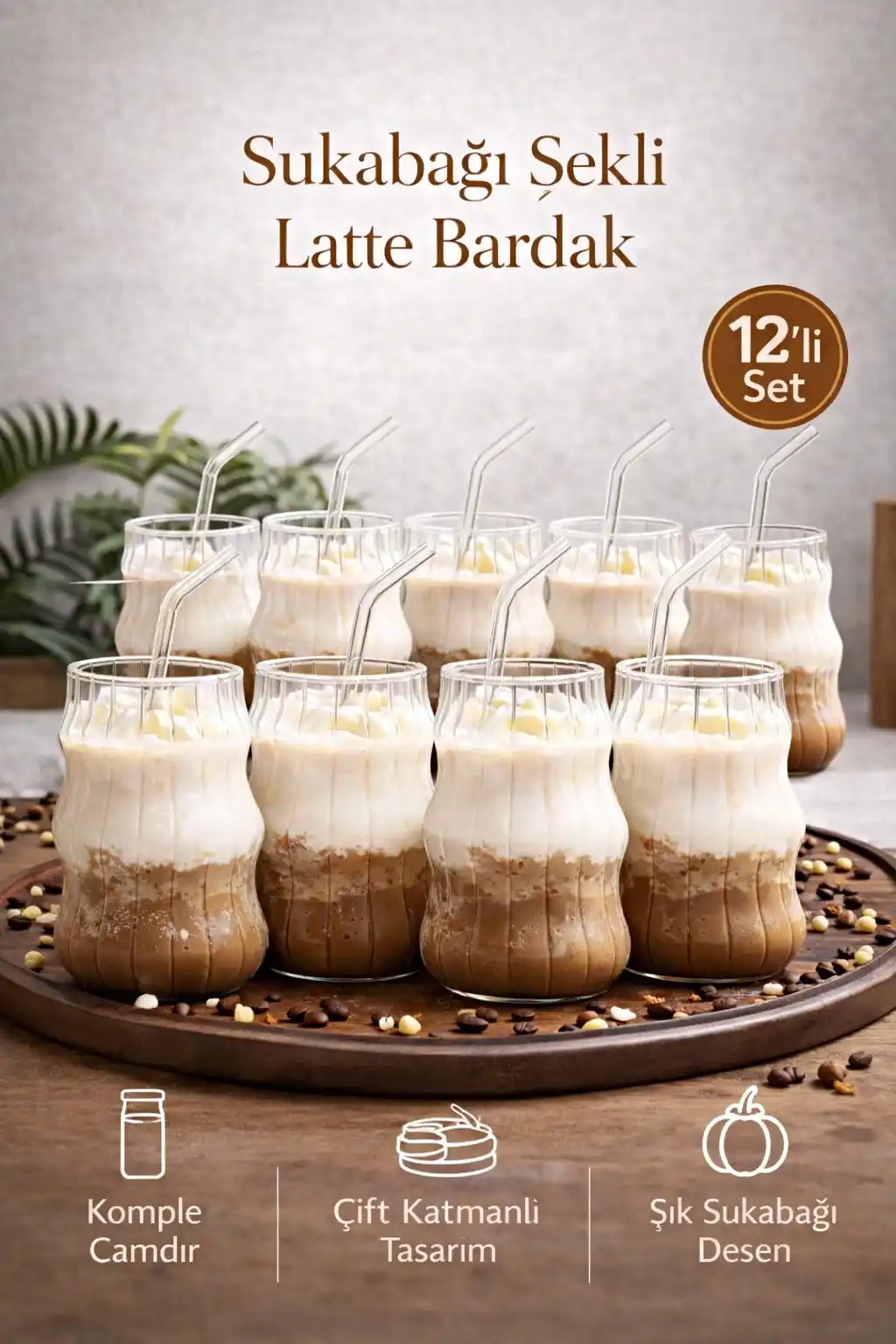12li Sukabağı Latte Pipetli Cam Bardak İskandinav Burgu Kahve Kokteyl 3 Katlı Sunum Bardağı 400ml