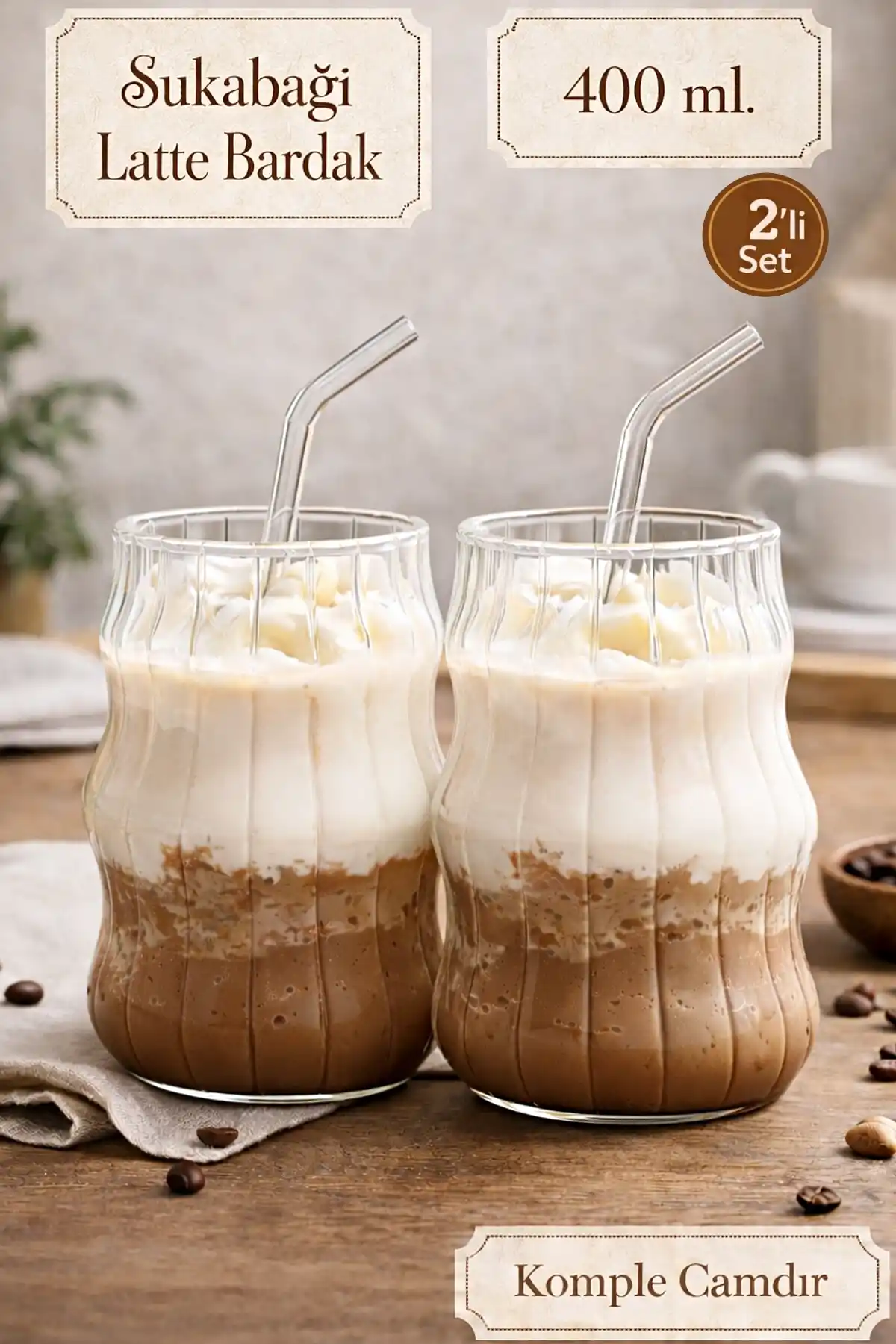 2li Sukabağı Şekli Latte Bardak Seti İskandinav Tarz Cam Bardak Kahve Kokteyl Sunum Bardağı 400ml