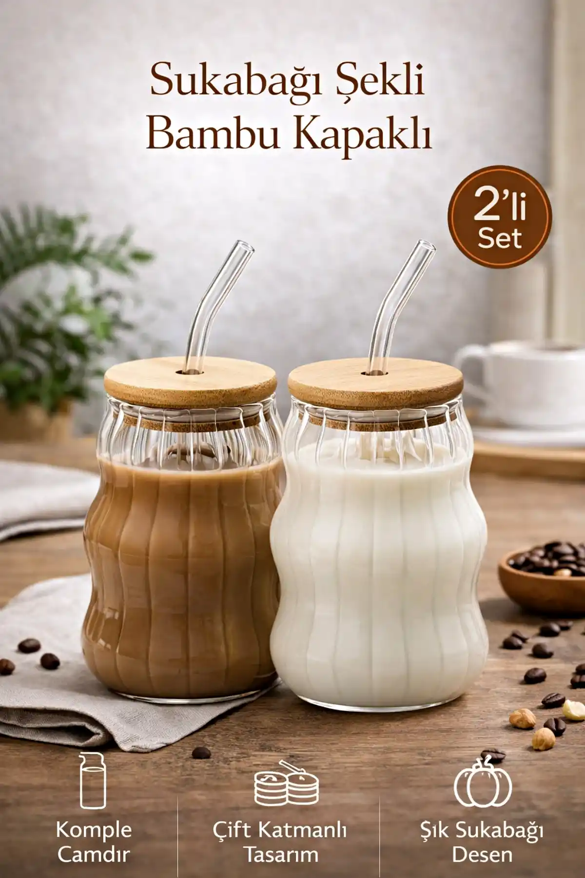 2li Sukabağı Latte Bardak Bambu Kapaklı İskandinav Cam Bardak Kahve Kokteyl Sunum Bardağı 400ml