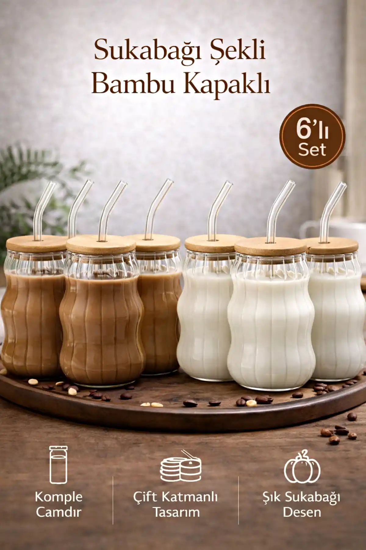 6lı Bambu Kapaklı Sukabağı Latte İskandinav Cam Pipetli Bardak Kahve Kokteyl Sunum Bardağı 400ml