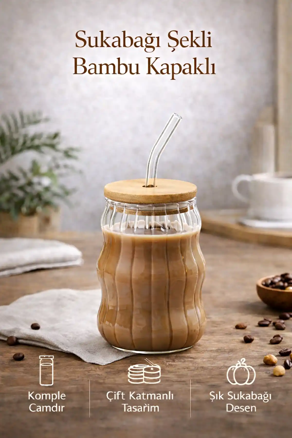 Sukabağı Latte Bardak Bambu Kapaklı İskandinav Cam Bardak Kahve Kokteyl Sunum Bardağı 400ml