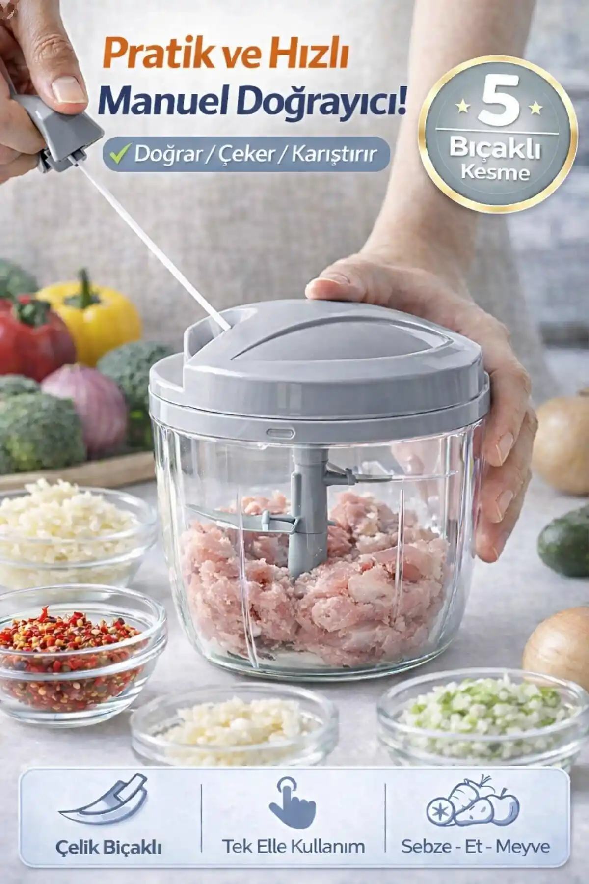 El Rondosu Çelik 5 Bıçaklı Büyük Boy Sebze Meyve Soğan Doğrayıcı Rondo 1000 ml.