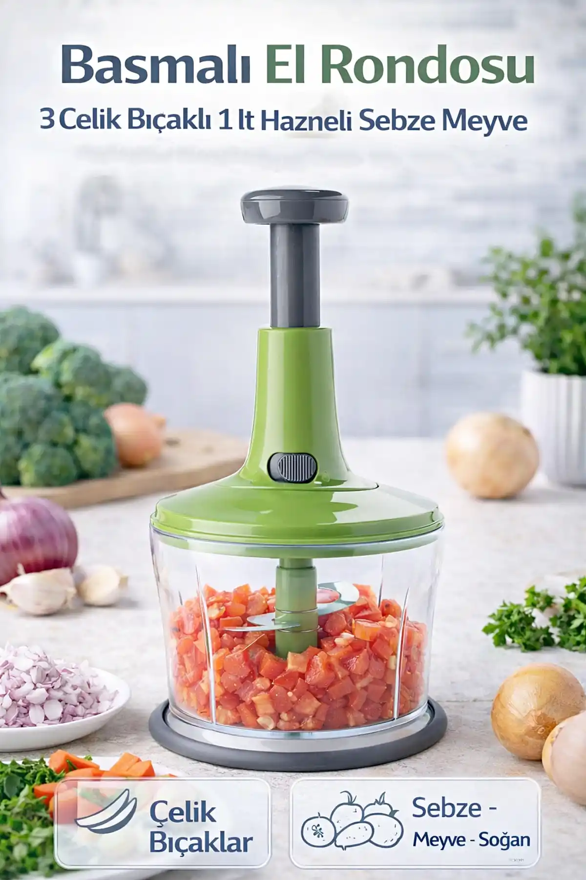 Basmalı El Rondosu 3 Çelik Bıçaklı 1 lt Hazneli Sebze Meyve Soğan Doğrayıcı Mutfak El Robotu Kesici