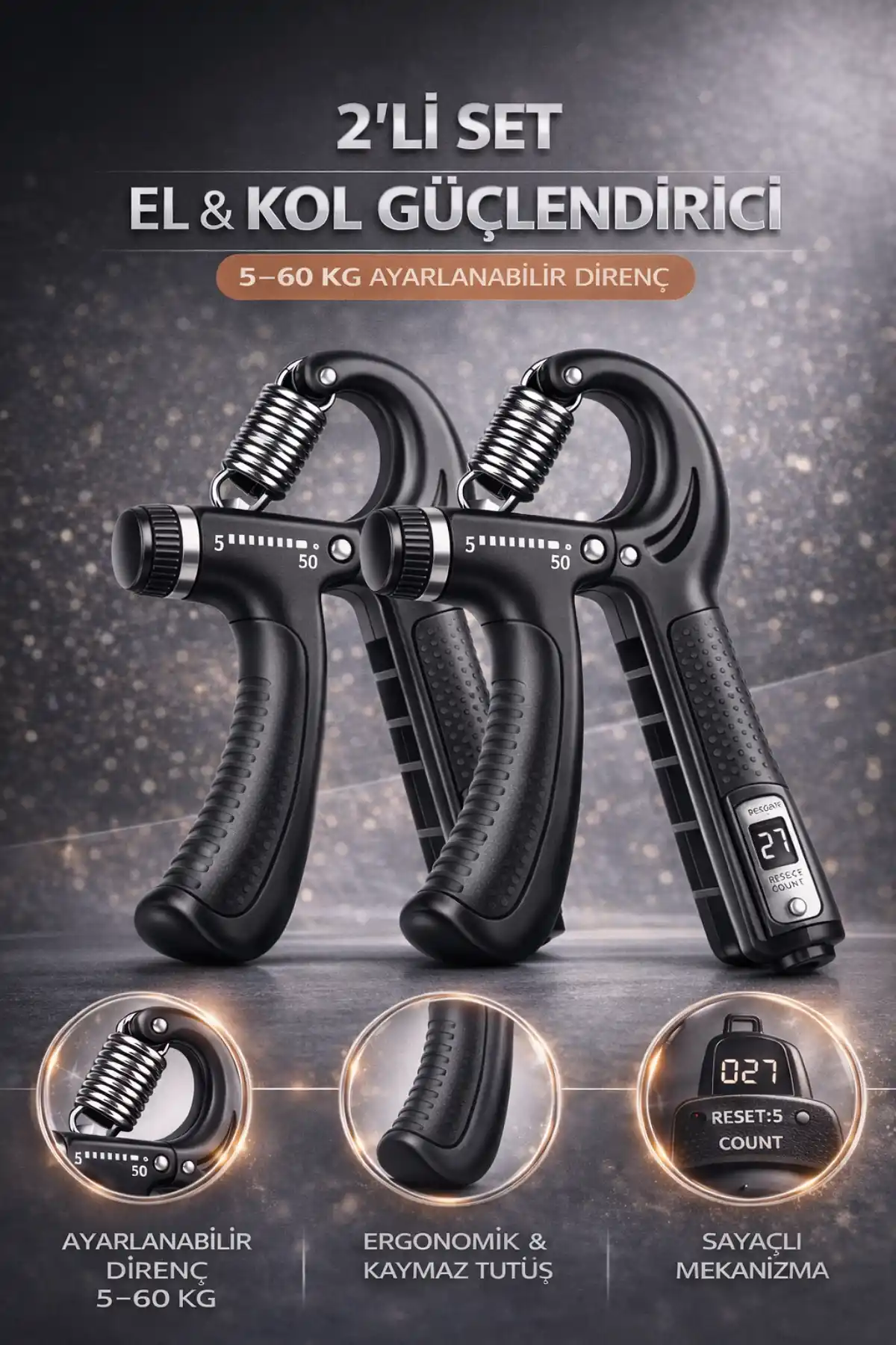 2 Adet El Kol Bilek Güçlendirici 5-60 KG Dirençli El Yayı Egzersiz Spor Aleti Kas Yapma Geliştirme