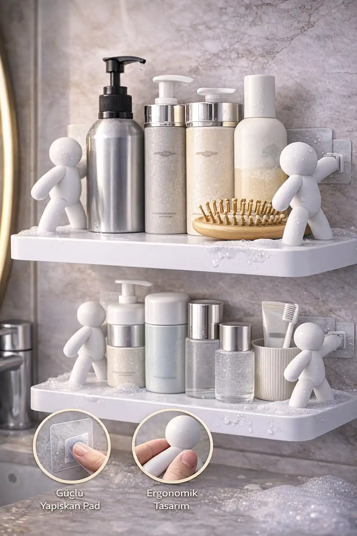 2li Figürlü Kendinden Yapışkanlı Craft Banyo Rafı Organizer Duvara Monte Mutfak Düzenleyici Beyaz