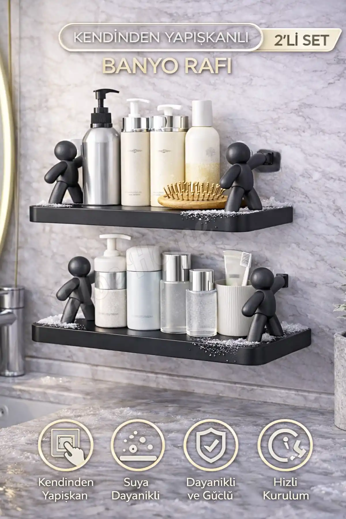 2li Figürlü Kendinden Yapışkanlı Craft Banyo Rafı Organizer Duvara Monte Mutfak Düzenleyici Siyah