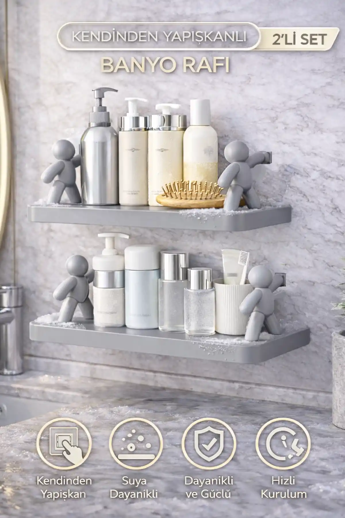 2li Figürlü Kendinden Yapışkanlı Craft Banyo Rafı Organizer Duvara Monte Mutfak Düzenleyici Gri