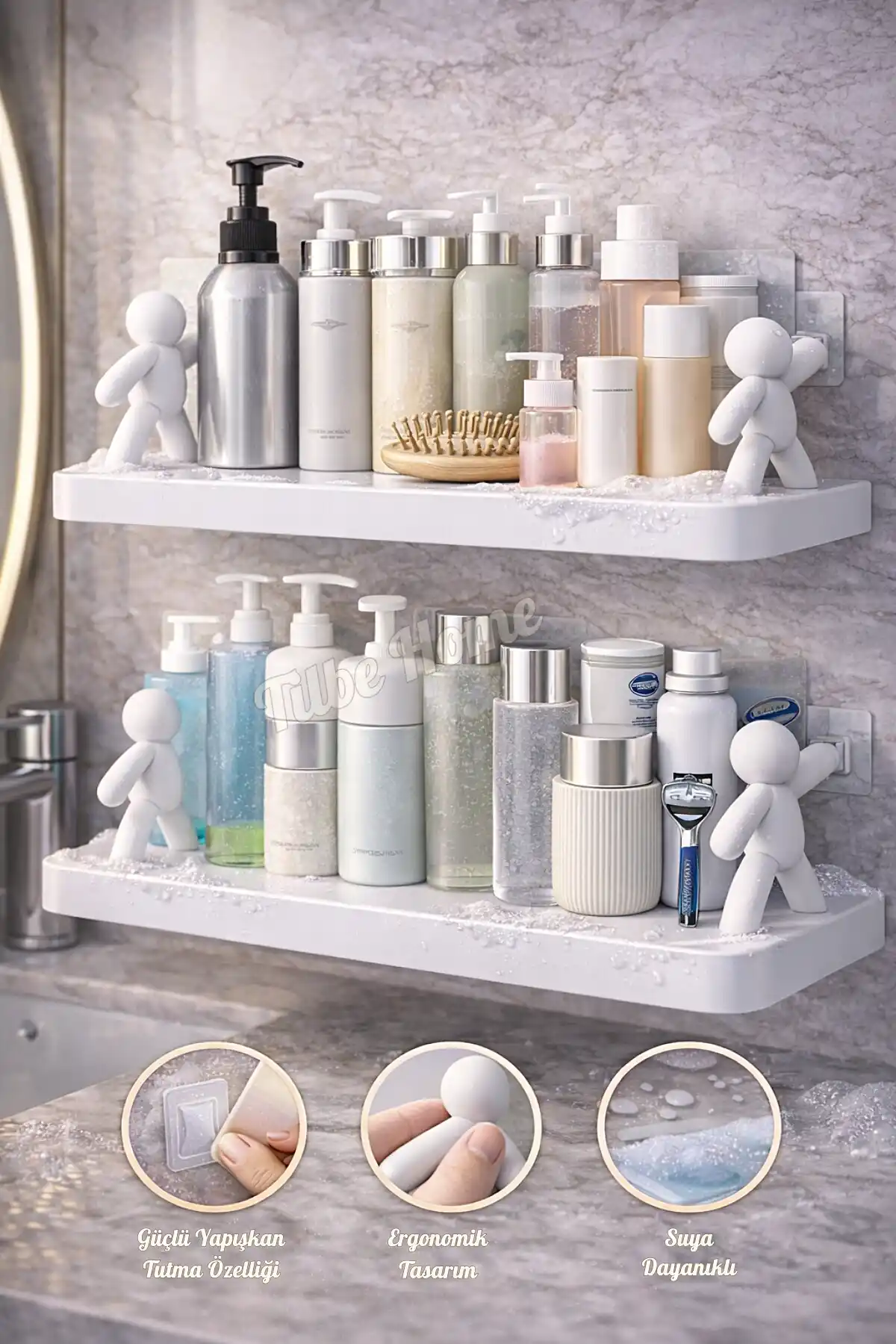 Figürlü Kendinden Yapışkanlı Craft Banyo Rafı Organizer Duvara Monte Mutfak Düzenleyici Beyaz