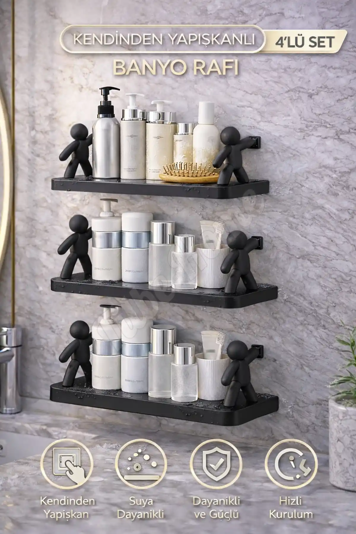 4lü Figürlü Kendinden Yapışkanlı Craft Banyo Rafı Organizer Duvara Monte Mutfak Düzenleyici Siyah