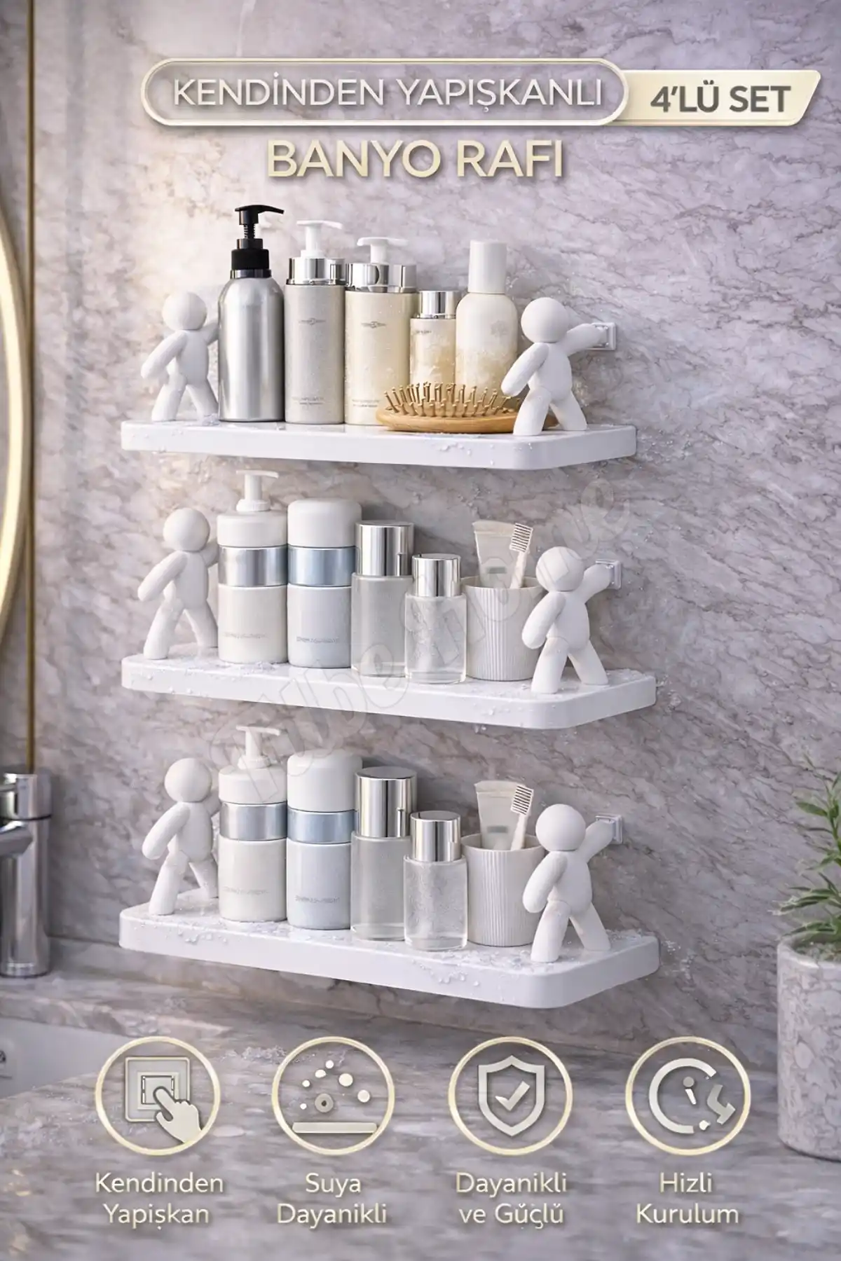 4lü Figürlü Kendinden Yapışkanlı Craft Banyo Rafı Organizer Duvara Monte Mutfak Düzenleyici Beyaz