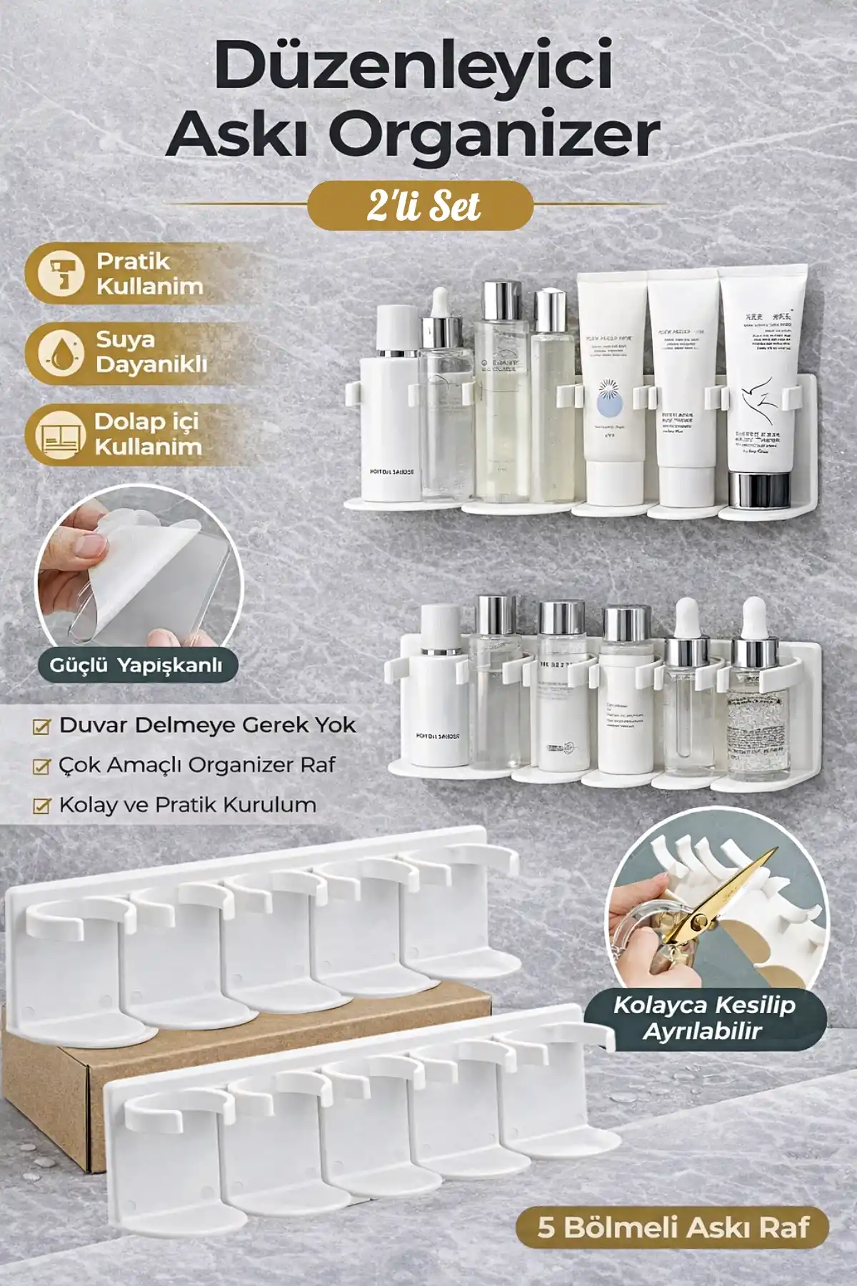 2li Yapışkanlı Kozmetik Düzenleyici Raf Kesilebilir Banyo Dolap İçi Gizli 5 Bölmeli Şişe Organizer