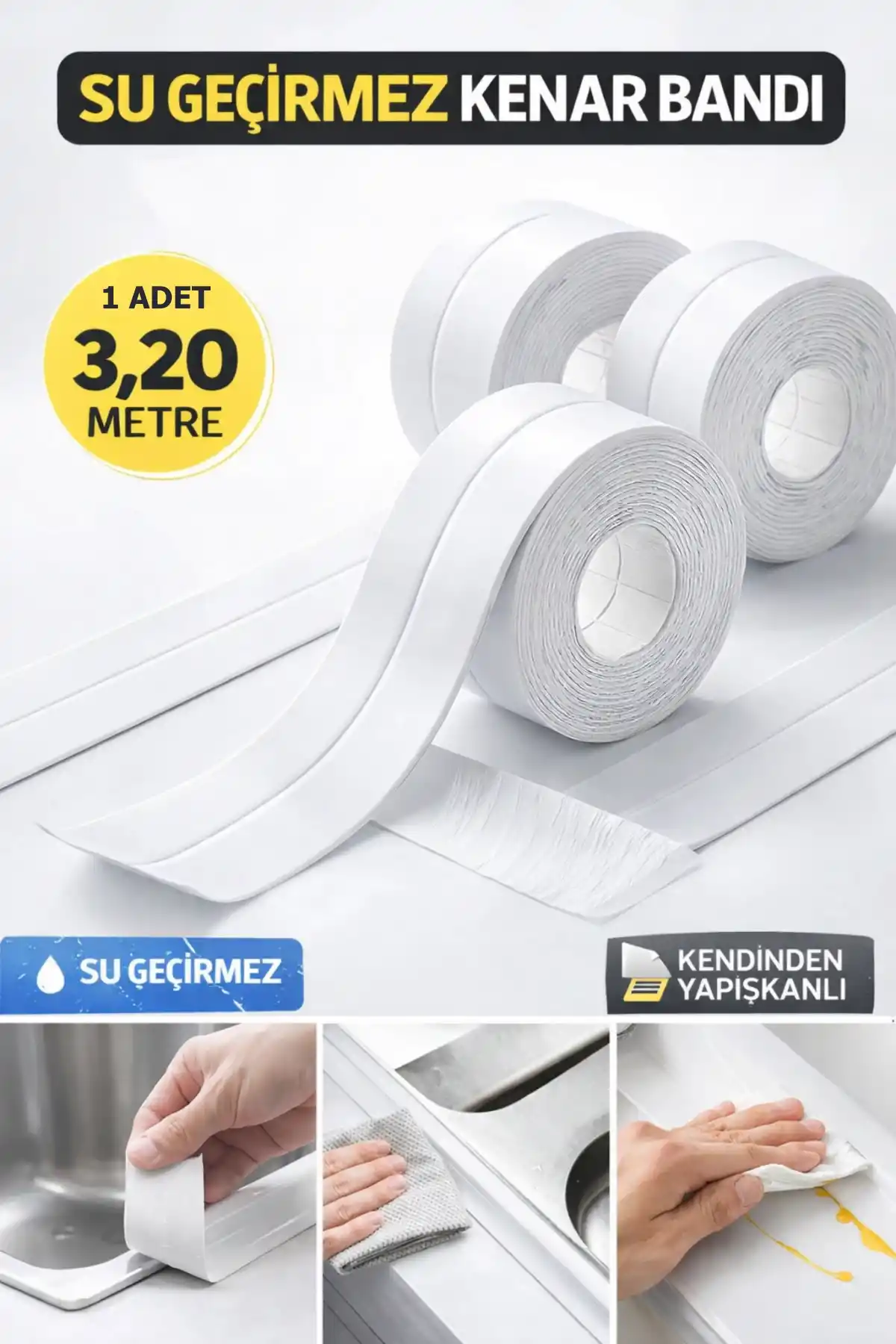 Su Geçirmez Kenar Bandı Banyo Küvet Mutfak Lavabo Ocak Kenarı Sızdırmaz Tamir Bandı 3.2mt 3.8mm