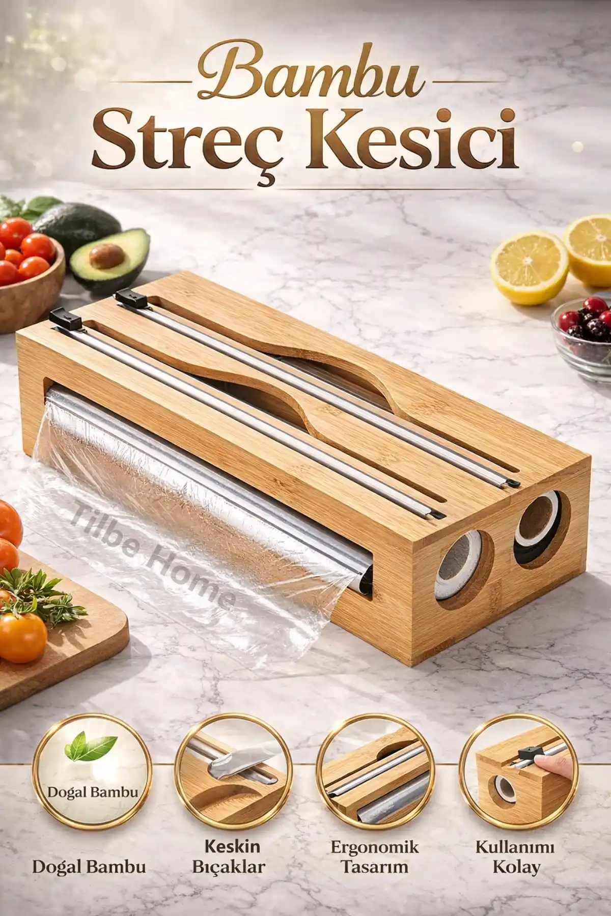Bambu Streç Kesici 2 Bölmeli Kapaklı Streç Film Folyo Kutusu Mutfak Dolap İçi Organizer Düzenleyici