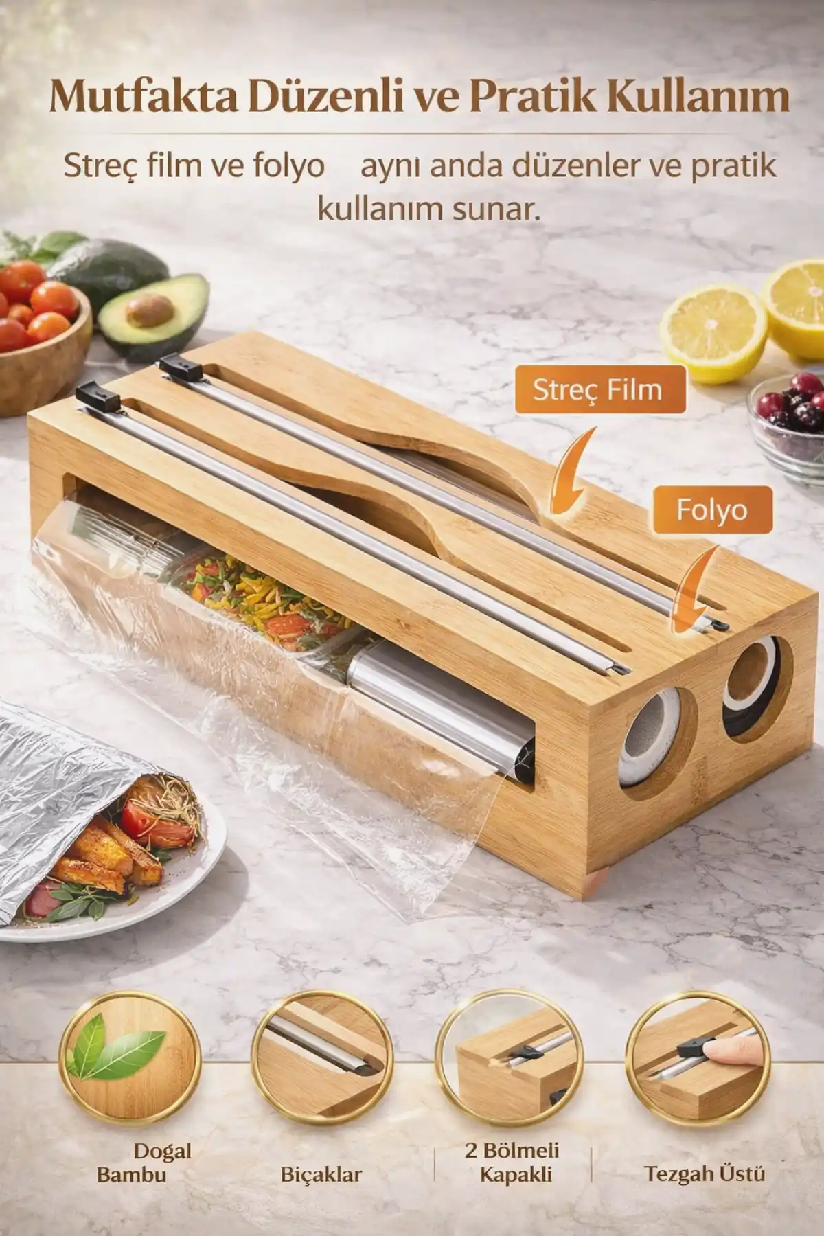 Bambu Streç Kesici 2 Bölmeli Kapaklı Streç Film Folyo Kutusu Mutfak Dolap İçi Organizer Düzenleyici