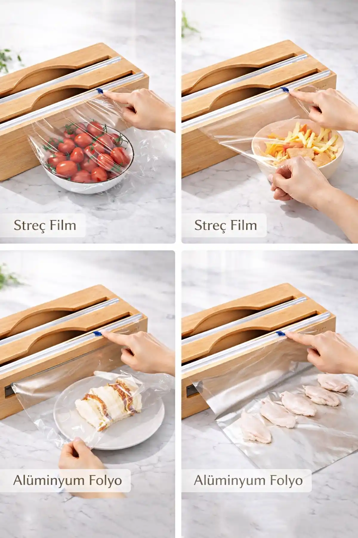 Bambu Streç Kesici 2 Bölmeli Kapaklı Streç Film Folyo Kutusu Mutfak Dolap İçi Organizer Düzenleyici