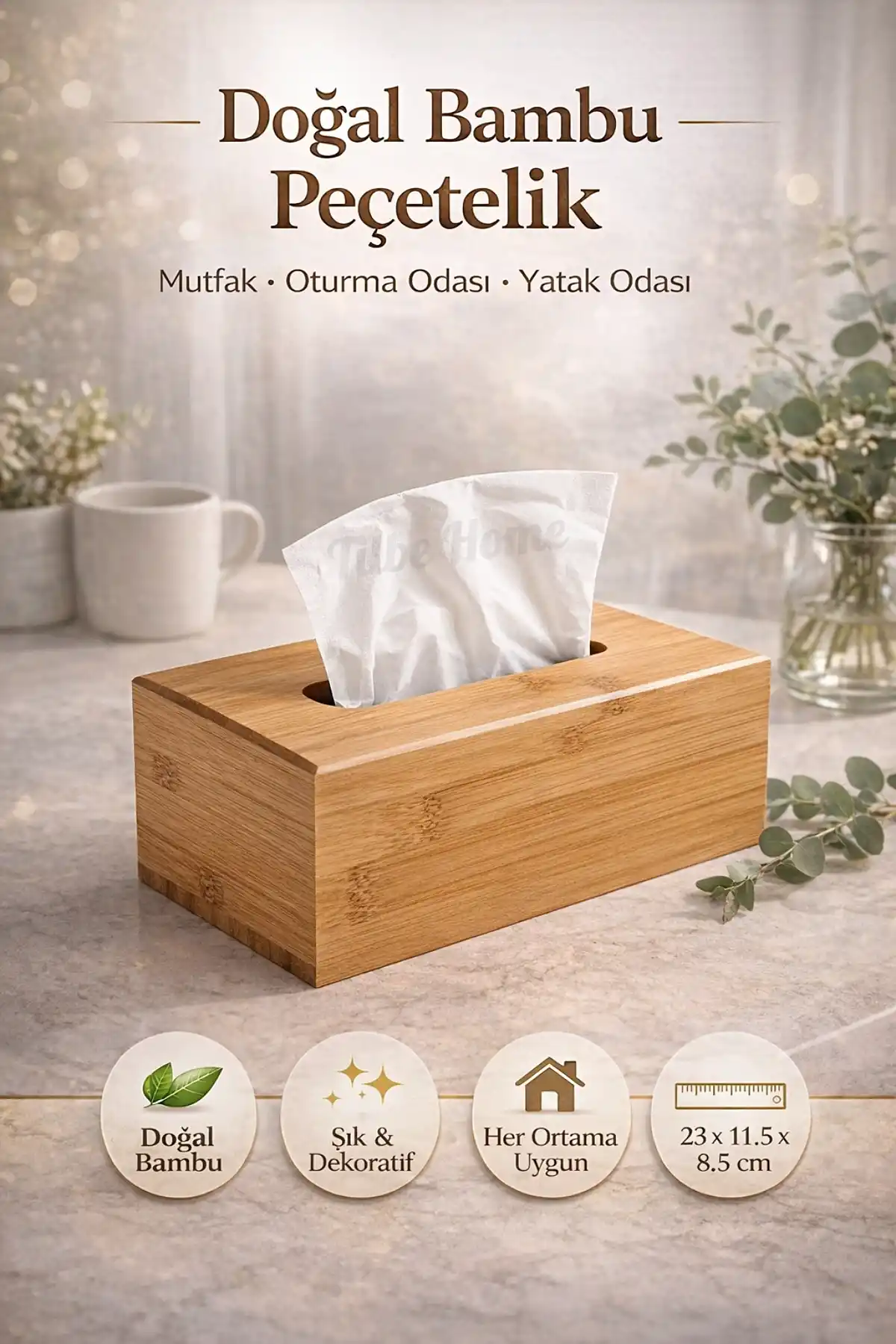 Pinterest Stil Bambu Peçetelik Dekoratif Masaüstü Mutfak Ofis Kare Peçete Kağıt Mendil Kutusu