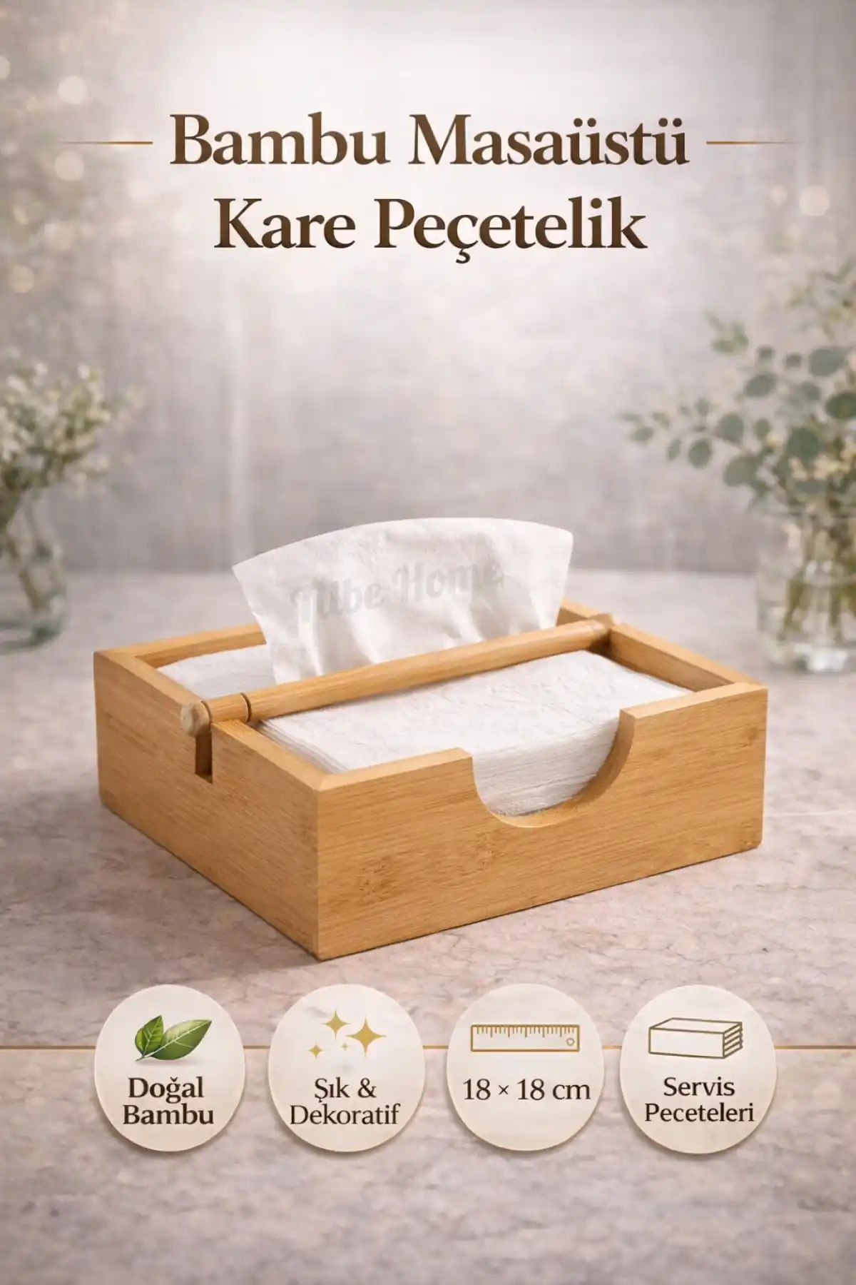 Bambu Masaüstü Kare Peçetelik Doğal Ahşap Tasarım Mutfak Salon Ofis Peçete Tutucu