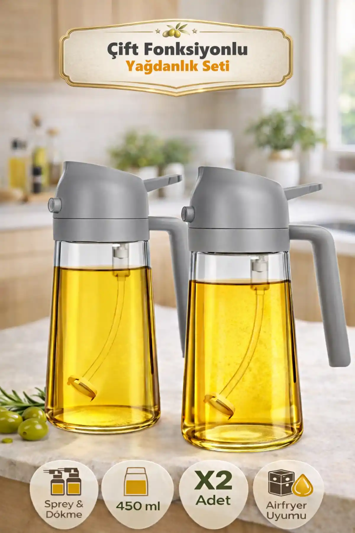 2 Adet Çift Fonksiyonlu Cam Yağdanlık 450ml Zeytinyağı Sıvıyağ Şişe Gri Airfryer Sprey Yağlık Sirkelik