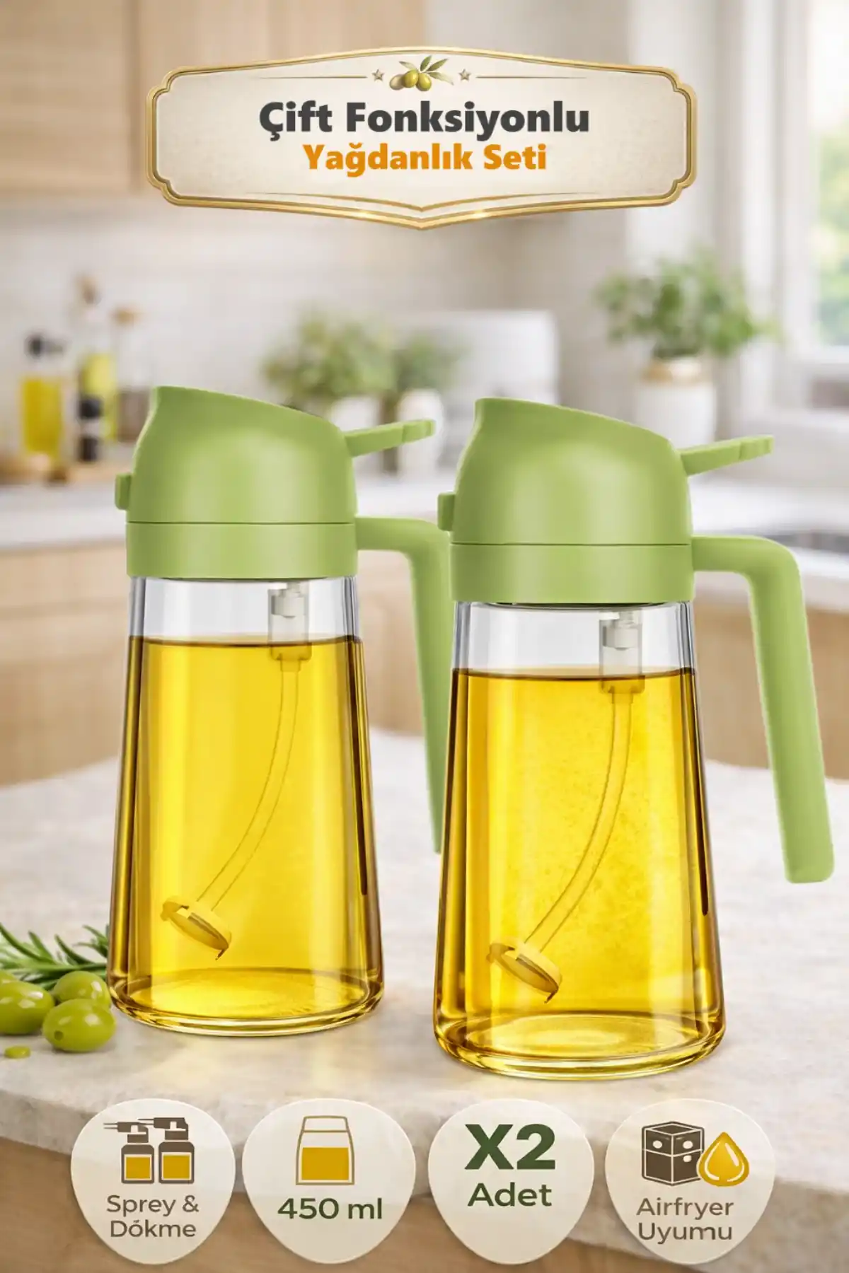 2 Adet Çift Fonksiyonlu Cam Yağdanlık 450ml Zeytinyağı Sıvıyağ Şişe Sprey Airfryer Yağlık Sirkelik