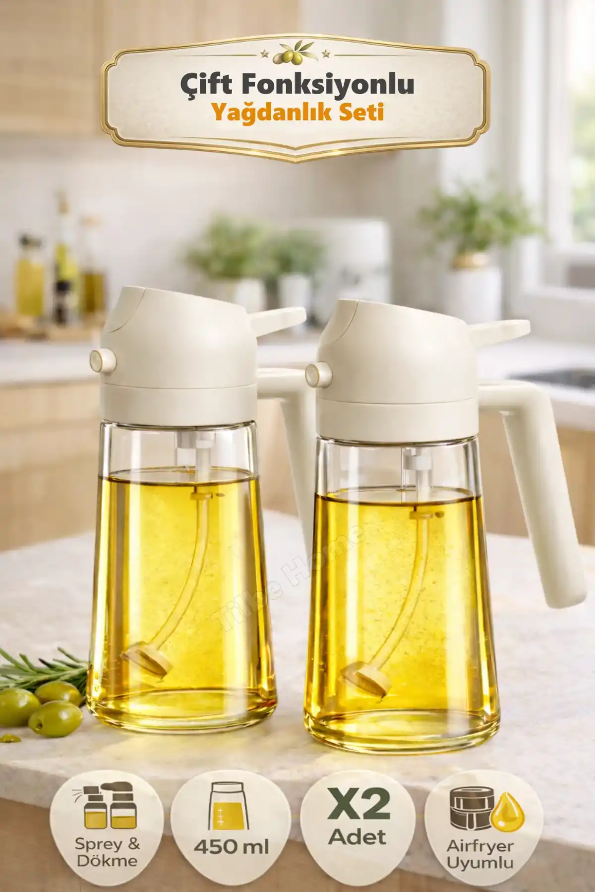 2 Adet Çift Fonksiyonlu Yağdanlık 450ml Zeytinyağı Sıvıyağ Cam Şişe Sprey Airfryer Yağlık Sirkelik