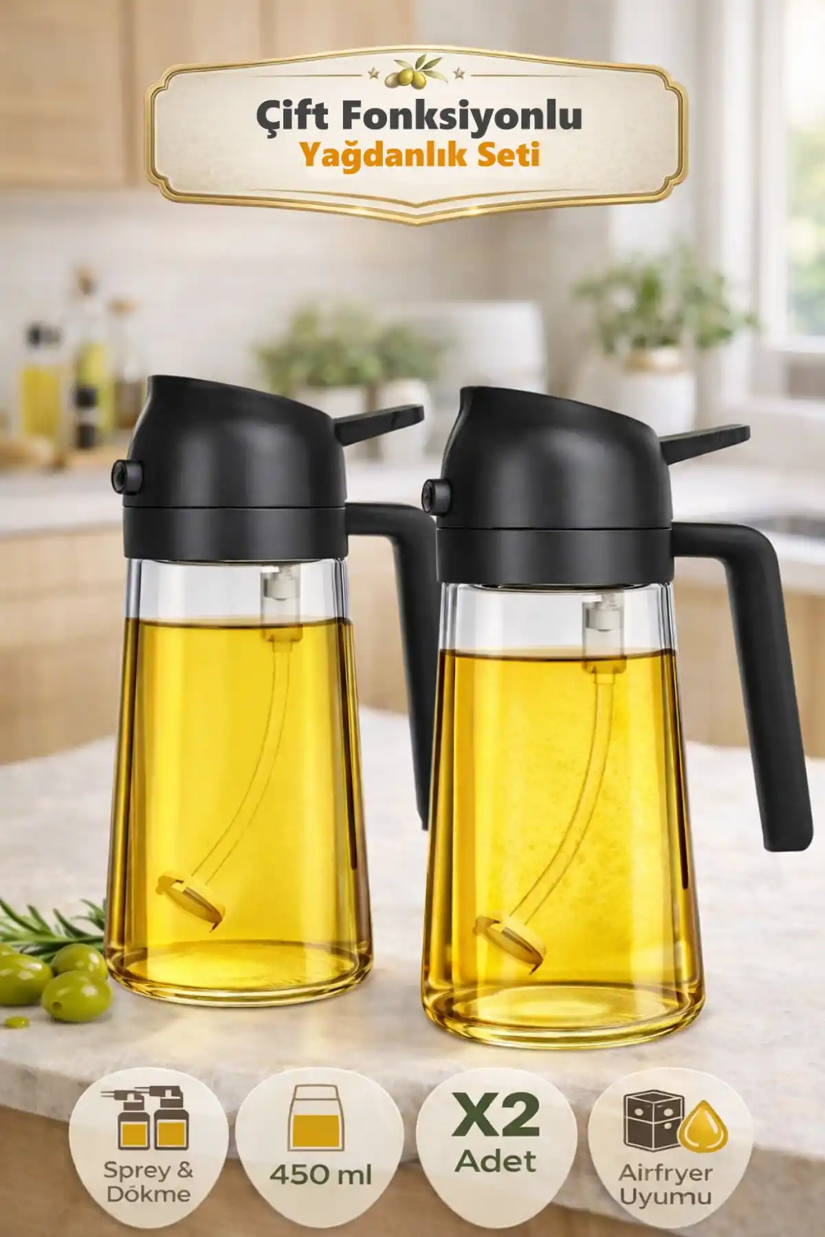 2 Adet Çift Fonksiyonlu Yağdanlık 450ml Zeytinyağı Sıvıyağ Cam Şişe Sprey Airfryer Yağlık Sirkelik