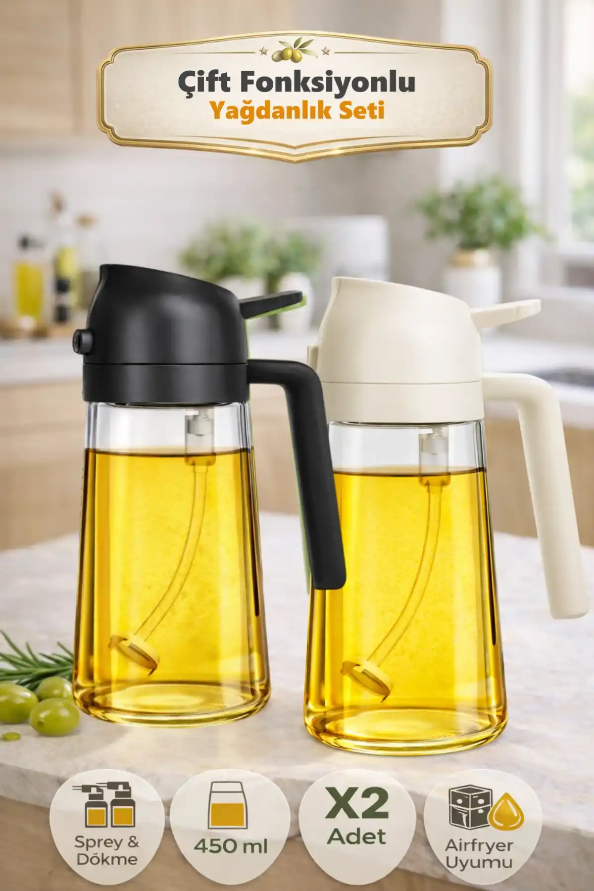 2li Çift Fonksiyonlu Cam Yağdanlık 450ml Zeytinyağı Sıvıyağ Şişesi Airfryer Sprey Yağlık Sirkelik