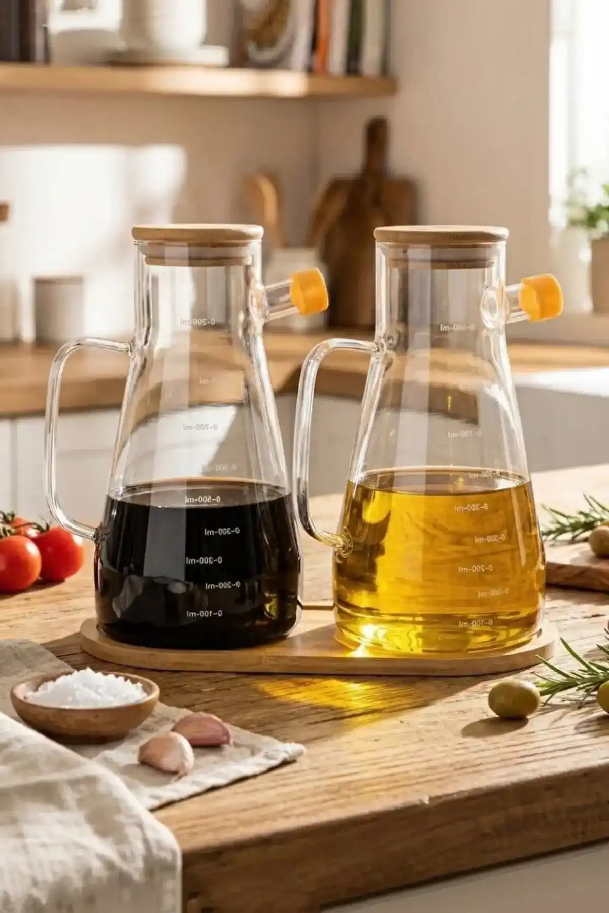 Bambu Kapaklı Cam Yağdanlık Vakumlu Ahşap Stantlı Sirkelik Zeytinyağı Şişesi Yağlık 900 ml 3lü Set