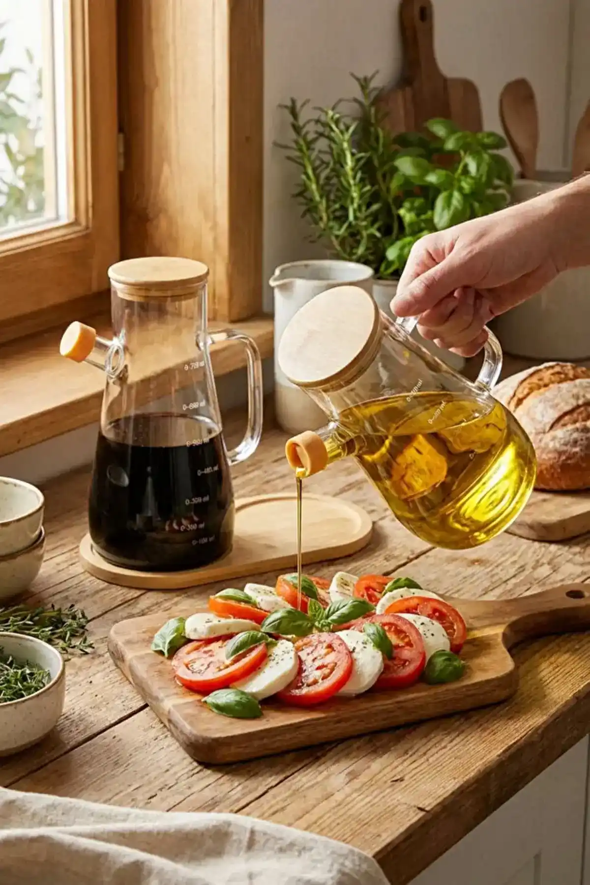 2li Bambu Kapaklı Cam Yağdanlık Vakumlu Borosilikat Cam Sirkelik Zeytinyağı Şişesi Yağlık 900 ml.