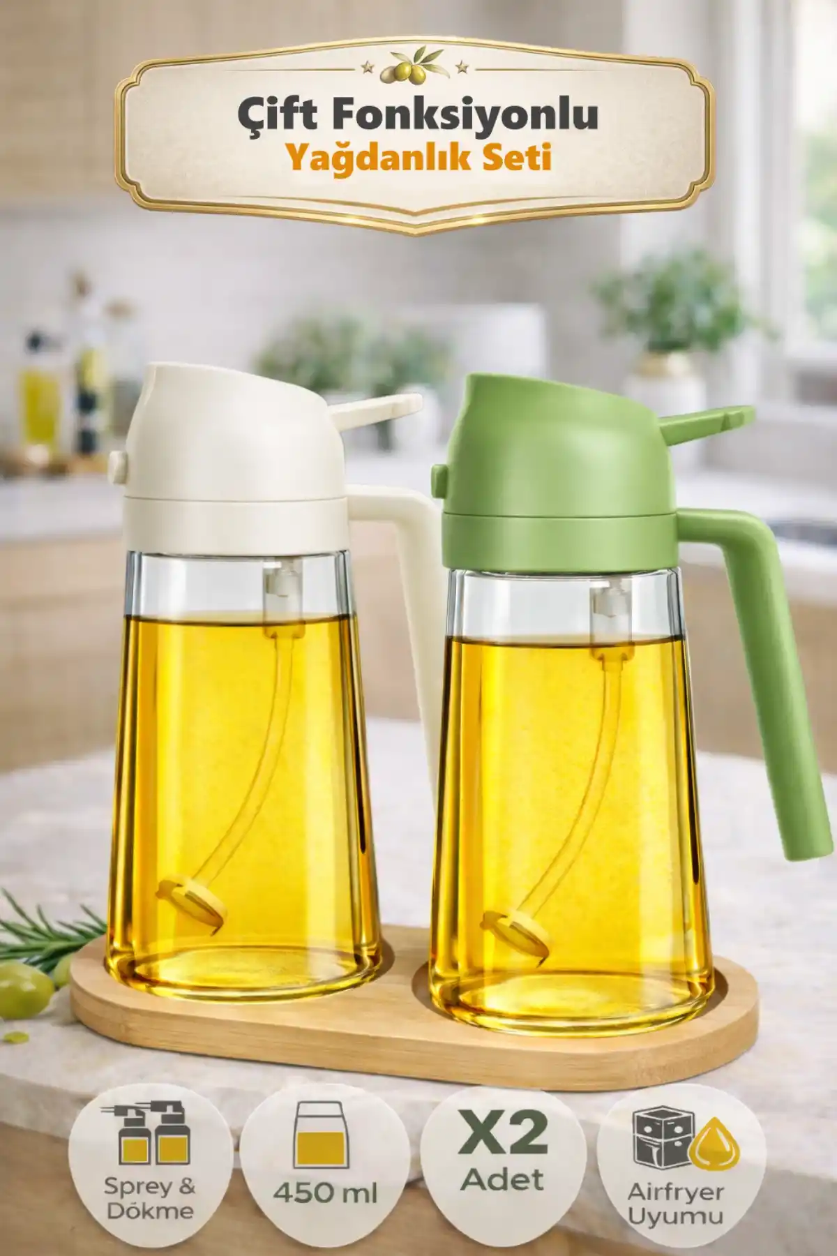 2li Bambu Stantlı Çift Fonksiyonlu Sprey Dökme Cam Yağdanlık 450ml Sıvıyağ Şişesi Airfryer Yağlık