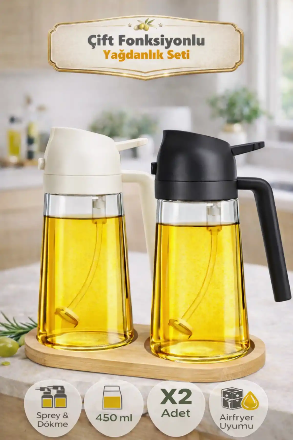 2li Bambu Stantlı Çift Fonksiyonlu Sprey Dökme Cam Yağdanlık 450ml Sıvıyağ Şişesi Airfryer Yağlık
